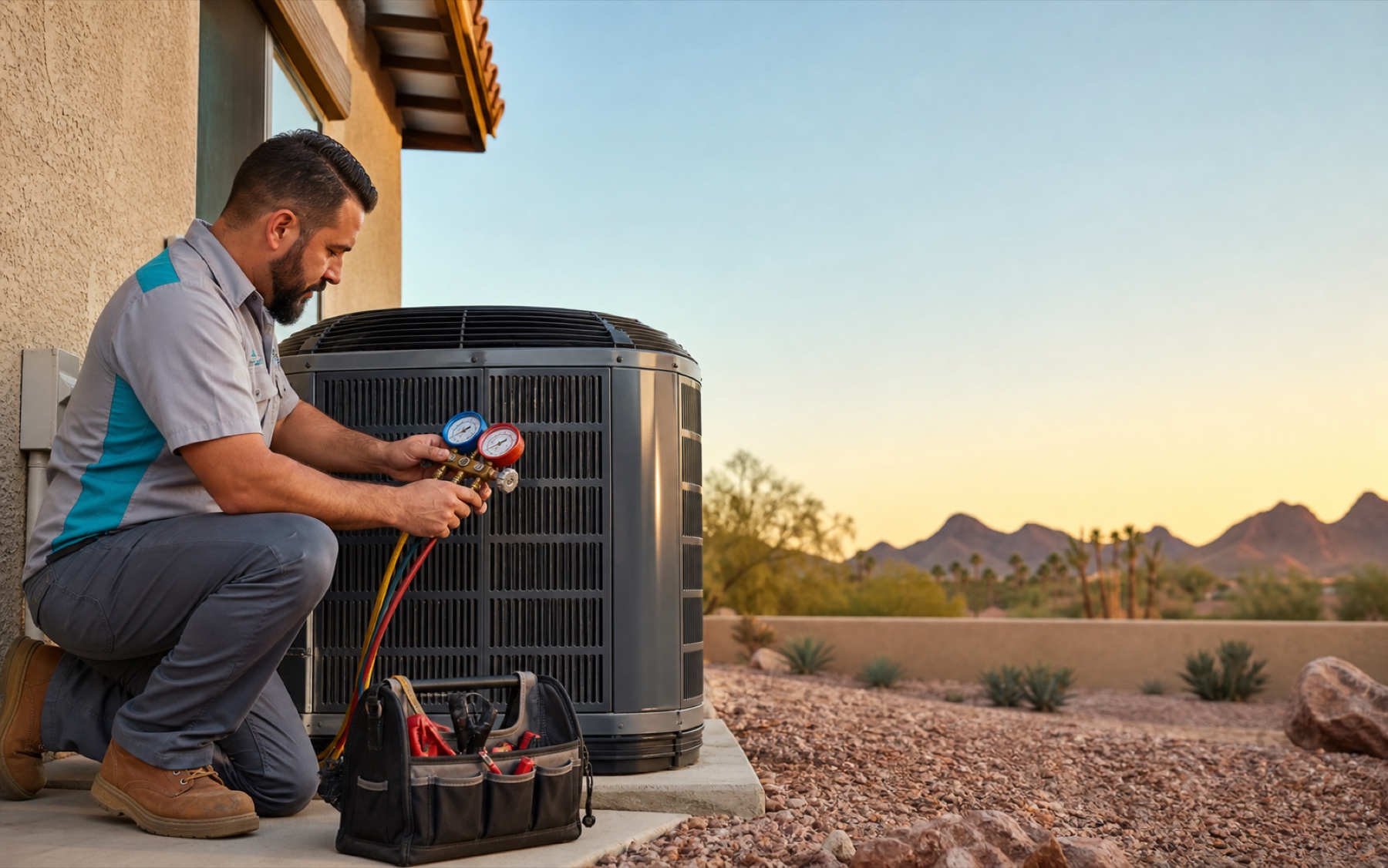Air conditioning technician checking an outdoor condenser at a Mesa home